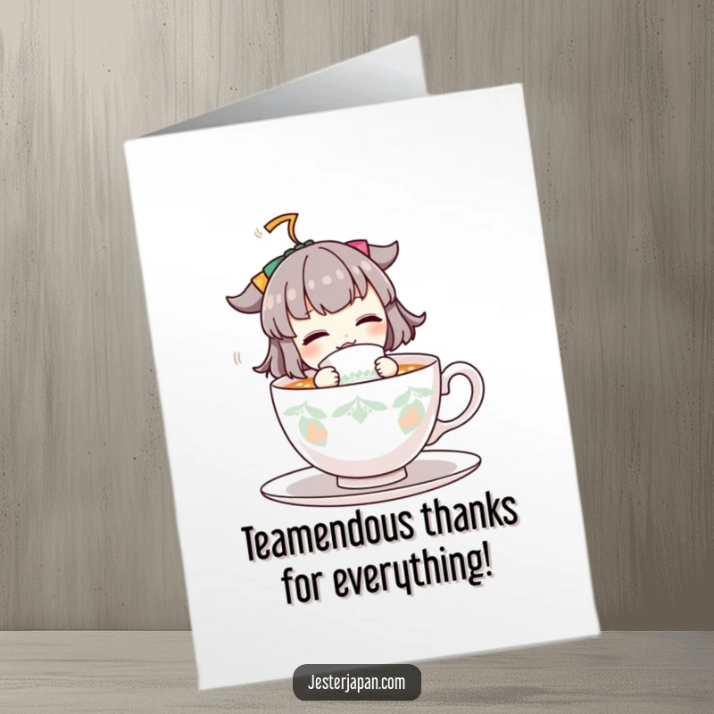 Funny Free Printable Thank You Card showing a character enthusiastically drinking from a huge teacup, expressing heartfelt thanks.