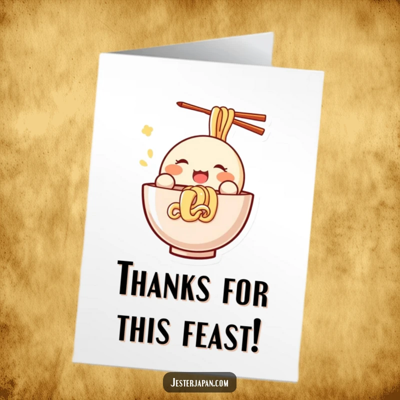 Funny Free Printable Thank You Card depicting a small, round Kawaii character happily slurping noodles with utmost satisfaction.