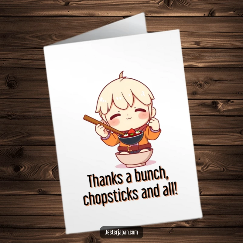 Funny Free Printable Thank You Card: A character's comical struggle with oversized chopsticks, a unique thank you.