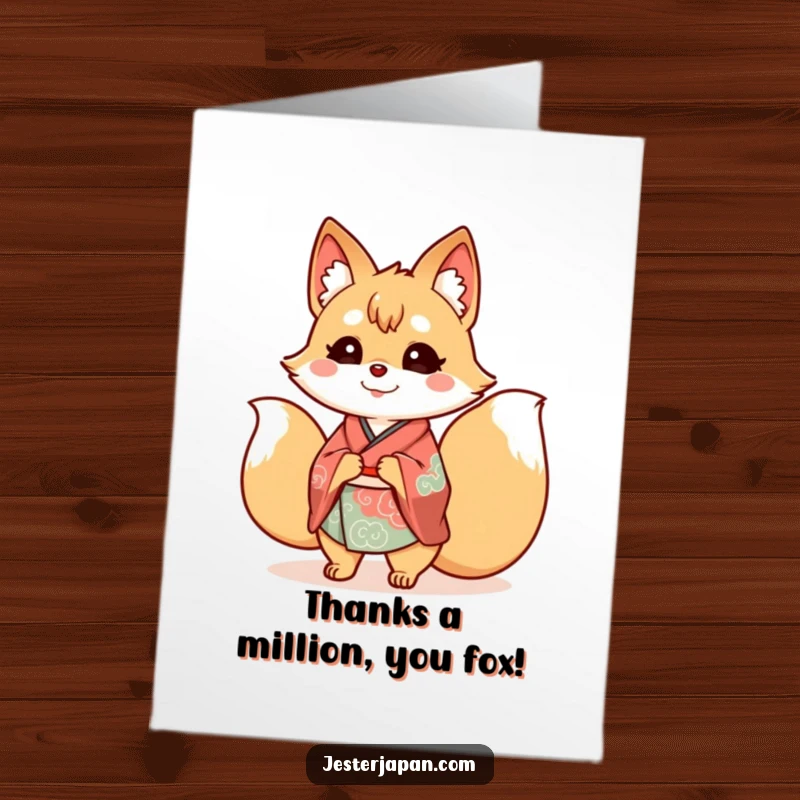 Funny Free Printable Thank You Card: A grateful Kitsune in a kimono with many wagging tails, showing thanks.