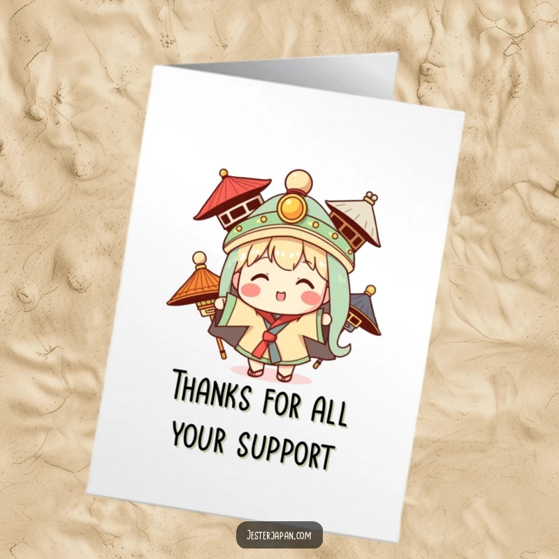 Funny Free Printable thank you card of a Kawaii character enthusiastically trying on different traditional hats, a stylish thanks.