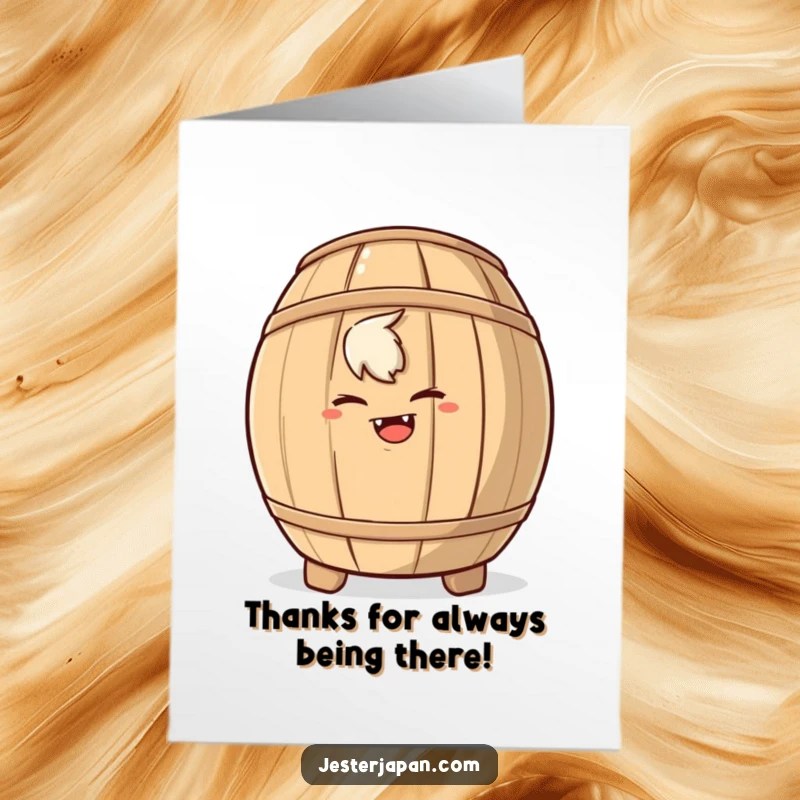 Funny Free Printable Thank You Card: Mischievous character grins from behind a sake barrel, offering thanks playfully.