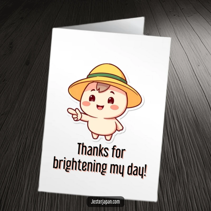 Funny Free Printable Thank You Card: Cheerful character in a sun hat points forward, expressing gratitude with a smile.