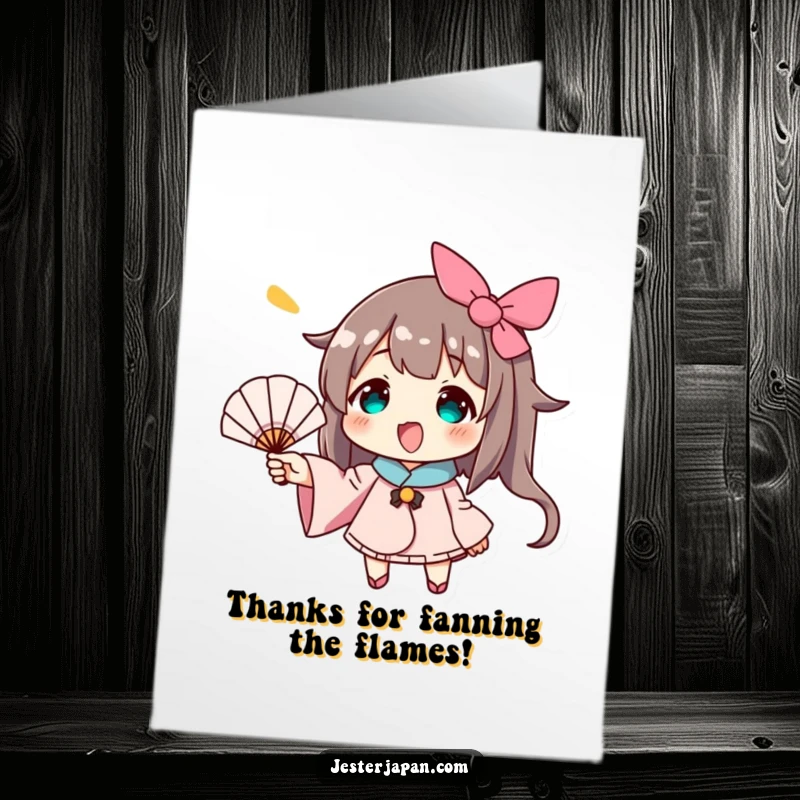 Funny Free Printable Thank You Card: Sweet character enthusiastically waving a tiny hand fan, conveying thanks with a gentle, stylish motion.