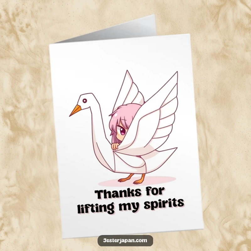 Free Printable Thank You Card: Character's eyes peek out playfully from behind a large, elegant origami crane.