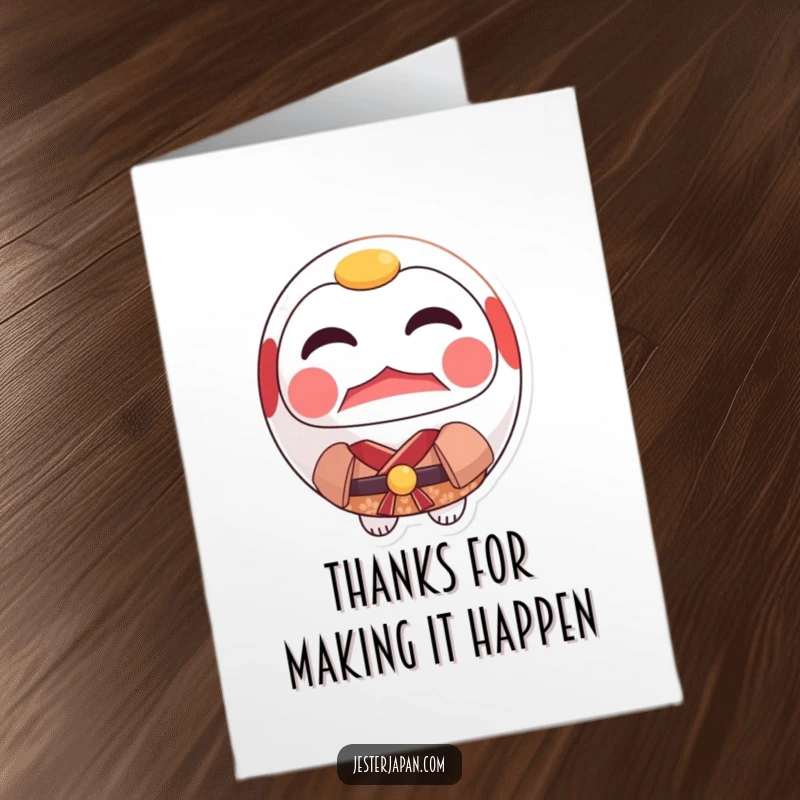 Funny Free Printable Thank You Card: A proud Daruma doll in a small kimono, looking resolute and thankful.