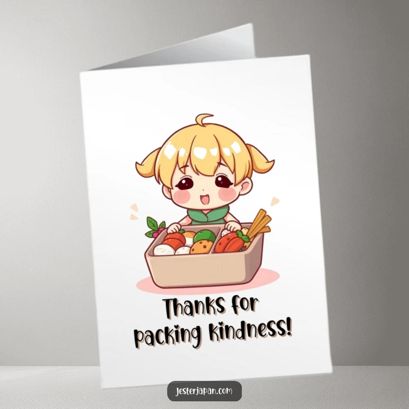 Funny Free Printable Thank You Card: A character busily and happily fills a vibrant bento box with delicious items. A thoughtful thank you.