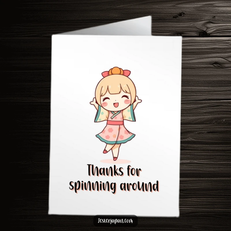 Funny Free Printable Thank You Card depicting a cute Kokeshi doll character doing a joyful pirouette, a charming way to say thanks.