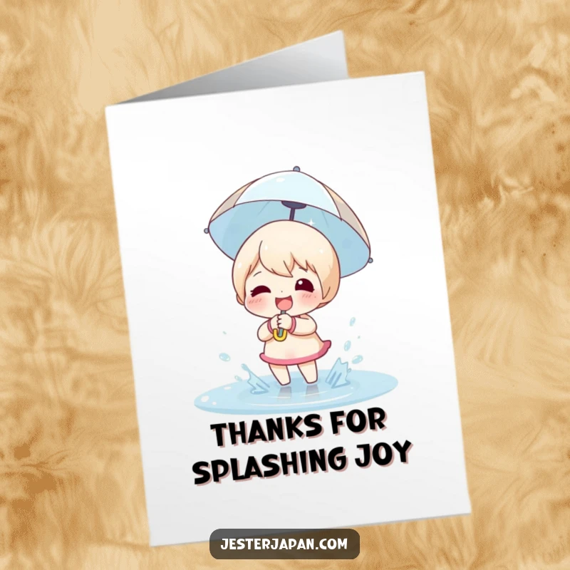 Funny Free Printable Thank You Card: Happy character with a tiny umbrella, joyfully splashing in a puddle.