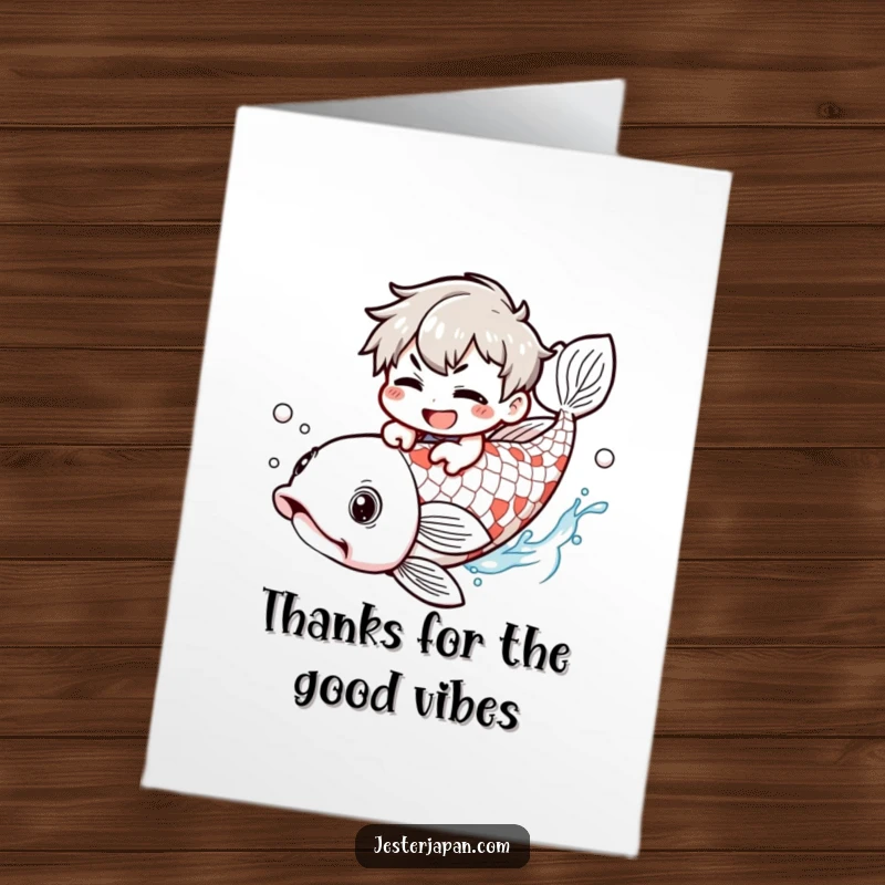 Funny Free Printable Thank You Card: Whimsical character with a cheeky smile riding a large, graceful koi fish.