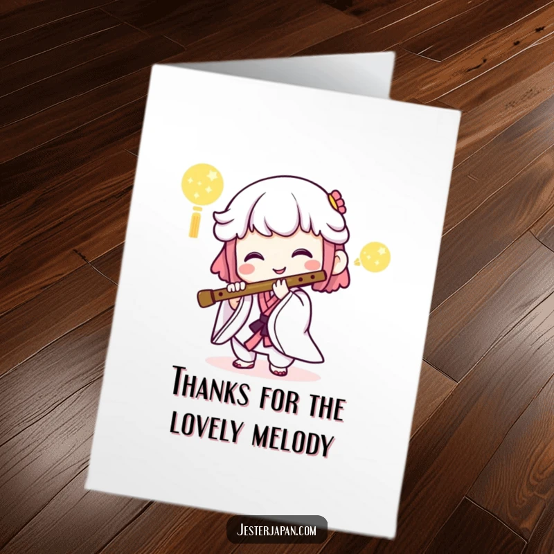 Funny Free Printable thank you card of a smiling Kawaii character playing a Japanese flute, a sweet musical thank you.