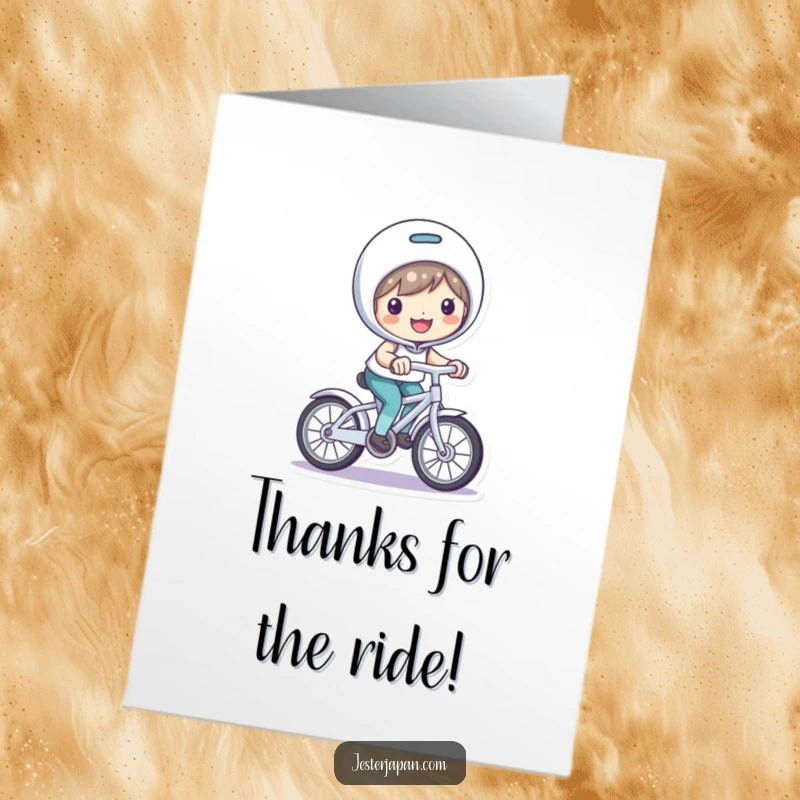 Funny Free Printable Thank You Card: Smiling character happily riding a small, playful bicycle.