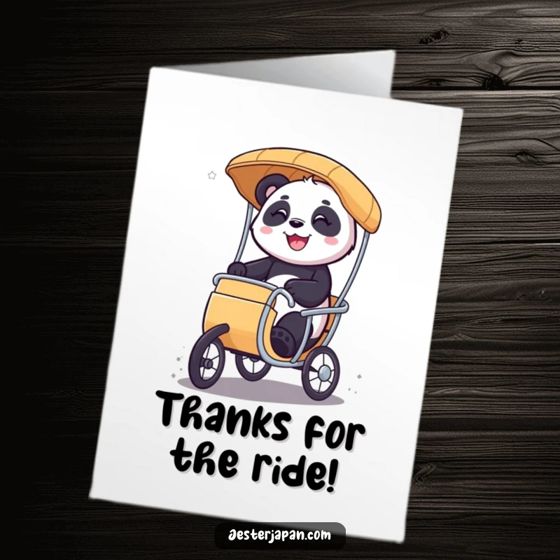 Funny Free Printable Thank You Card: A smiling panda character joyfully rides a miniature rickshaw, expressing thanks humorously.