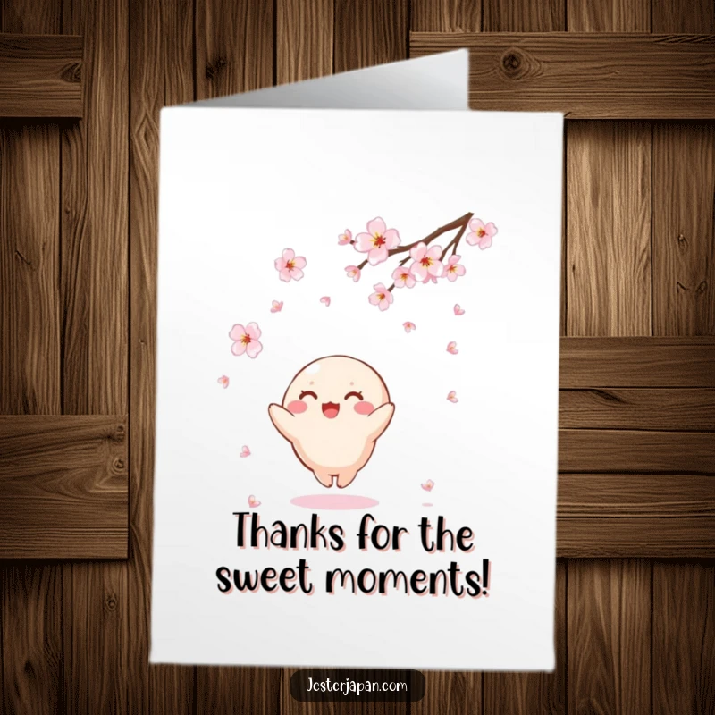 Funny Free Printable Thank You Card depicting a small, round Kawaii character joyfully reaching to catch delicate falling cherry blossoms.
