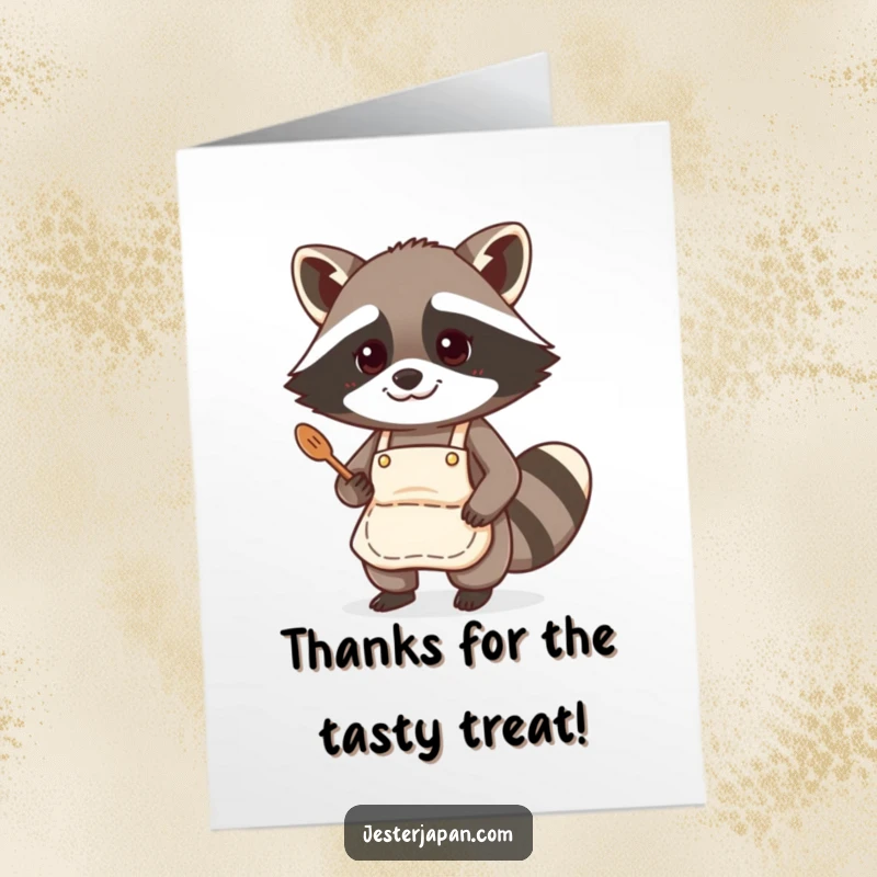 Funny Free Printable Thank You Card: A dedicated raccoon in a small apron, expertly cooking, conveying sincere thanks with culinary passion.