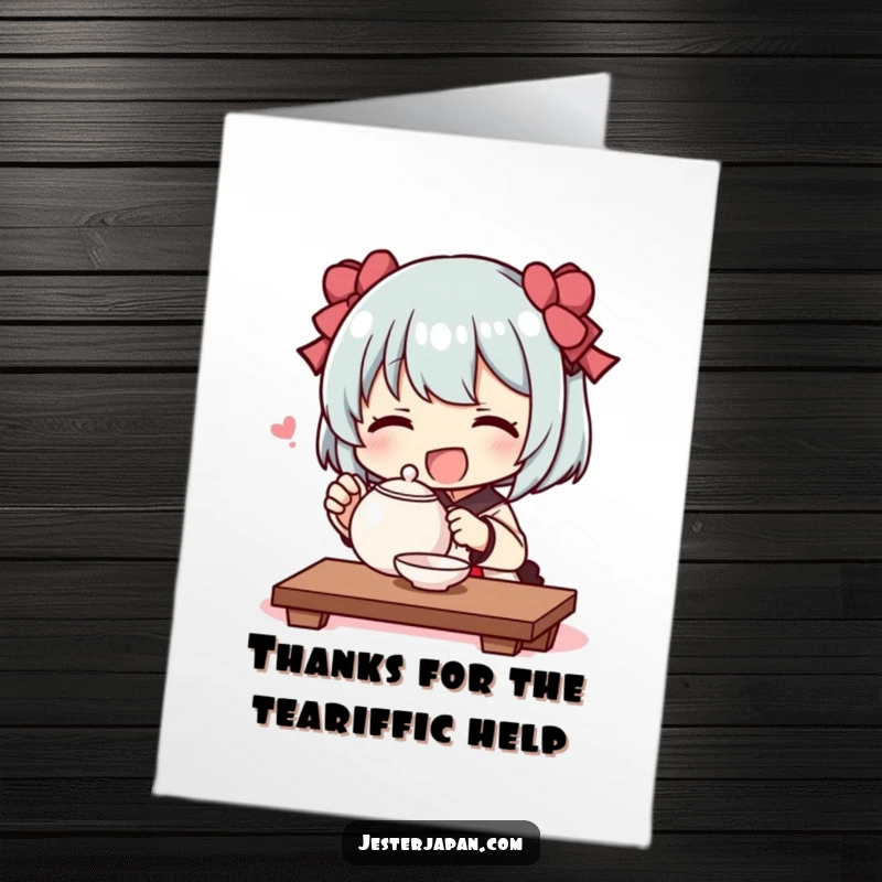 Funny Free Printable Thank You Card: Character holding a tiny teapot, performing a delightful mock tea ceremony with a happy expression.