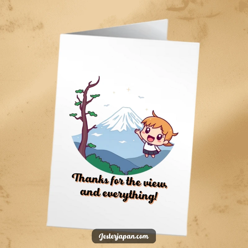 Free Printable Thank You Card: Character pointing at majestic Mount Fuji, expressing heartfelt thanks.