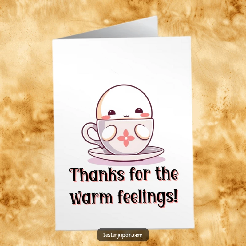 Funny Free Printable Thank You Card: A cute, round Kawaii character sips happily from a warm, steaming beverage. Downloadable card to print at home.