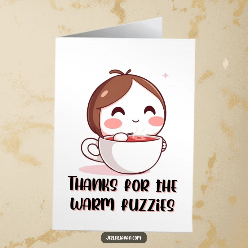 Funny Free Printable thank you card with a contented Kawaii character sipping a steaming drink, a sweet gesture of appreciation.