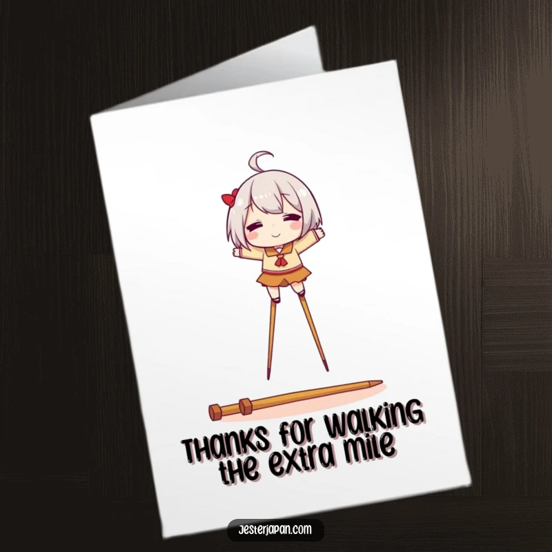 Funny free printable thank you card depicting a character maintaining balance on chopsticks as stilts. Express thanks with a humorous touch.