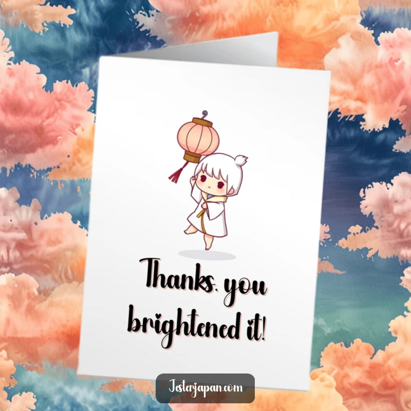 Funny Free Printable Thank You Card: Character balances a small paper lantern with a gentle smile, conveying thanks. Unique DIY.