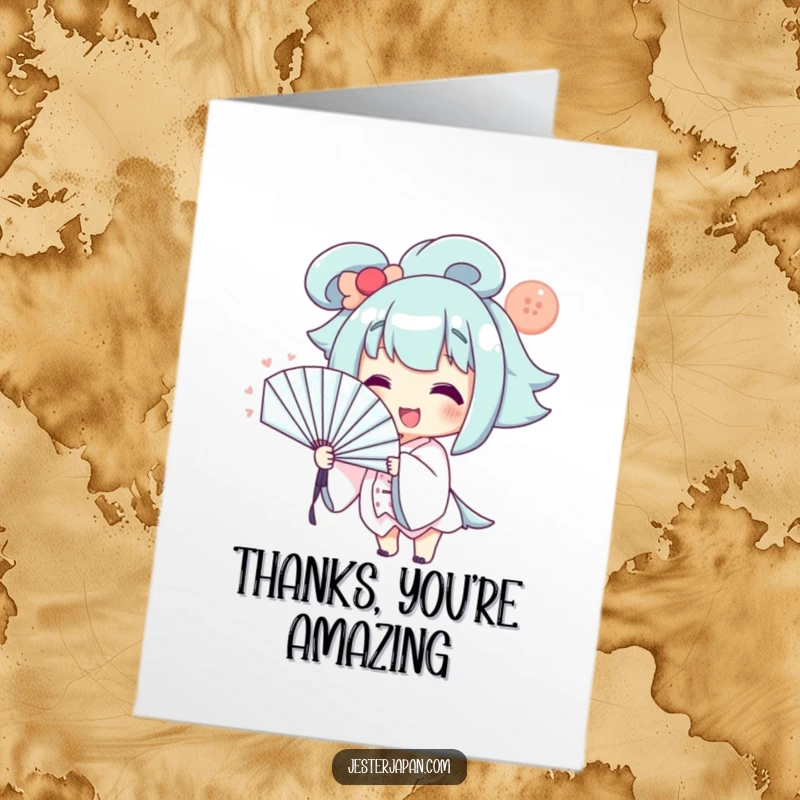 Funny Free Printable Thank You Card: Character smiles while using a large fan to fan themselves with dramatic effect.