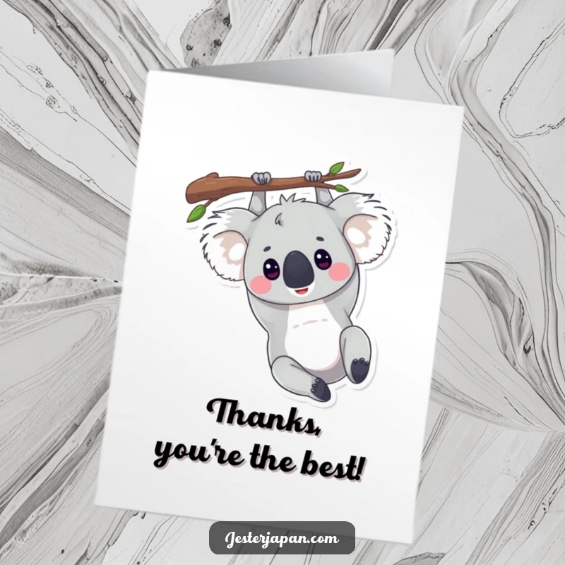 Funny Free Printable Thank You Card: A content koala dangling upside down, conveying sincere thanks with ultimate relaxation and charm.
