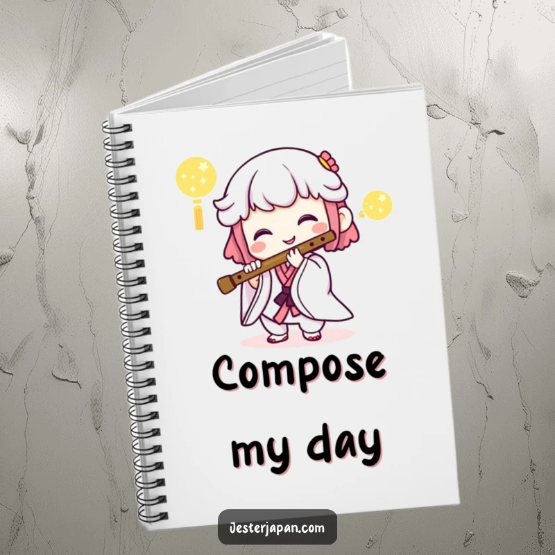 Funny notebook with a Kawaii character playing a Japanese flute, perfect for musical notes and creative writing.