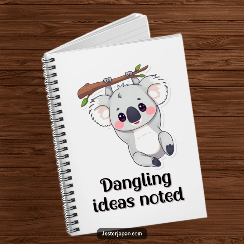 Funny notebook featuring a koala hanging upside down from a branch, perfect for jotting down ideas with a relaxed attitude.