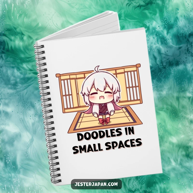 Funny notebook featuring a character comically trying to fit onto a tiny Tatami mat, ideal for jotting notes with humor.