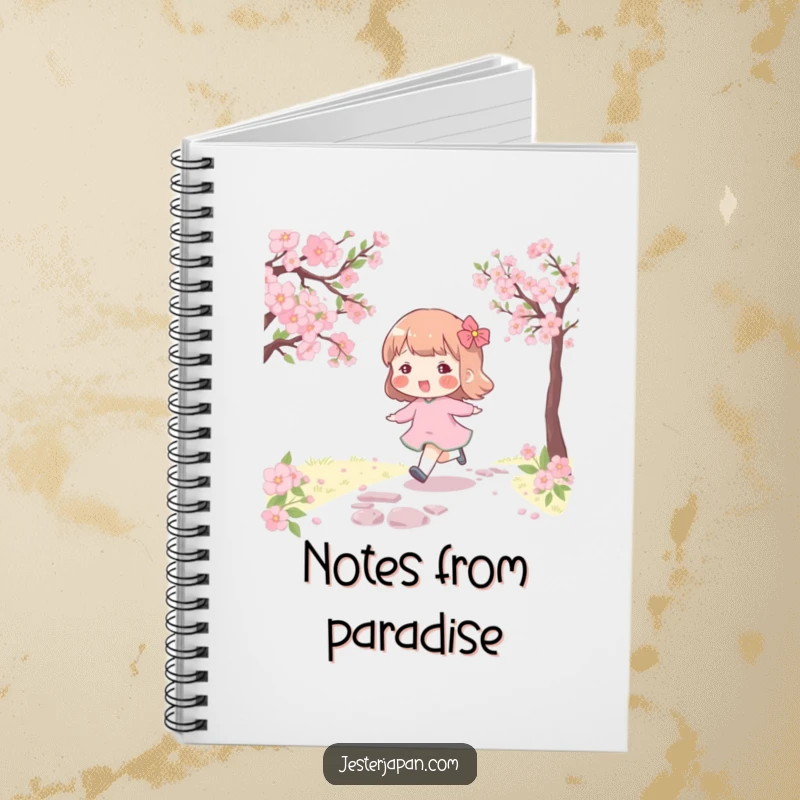 Funny notebook featuring a character with rosy cheeks skipping along a cherry blossom path, ideal for notes and journaling.