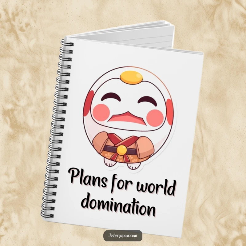 Funny Daruma Kimono Notebook featuring a focused Daruma doll in a miniature kimono, inspiring diligent note-taking.