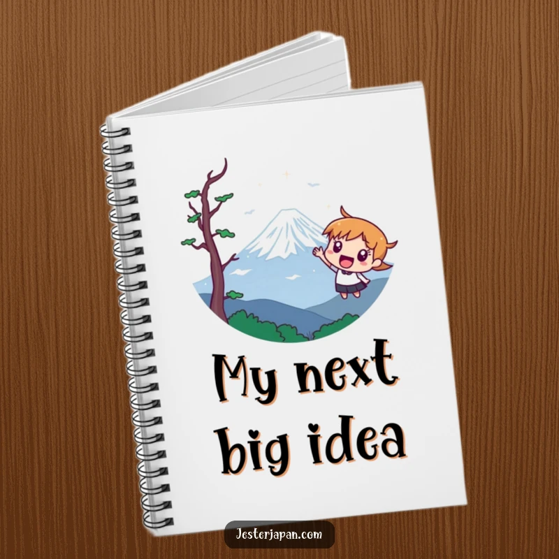 Funny notebook cover showing a character excitedly pointing at a stylized Mount Fuji, ideal for planning trips.