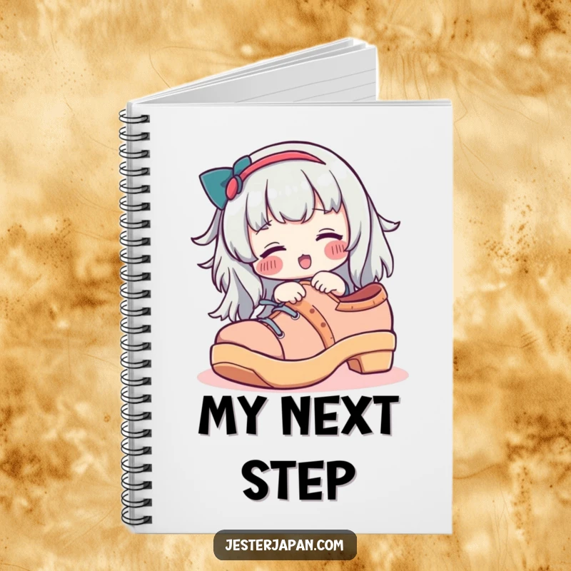 Funny notebook with a character with rosy cheeks trying on a giant geta shoe, great for writing and ideas.