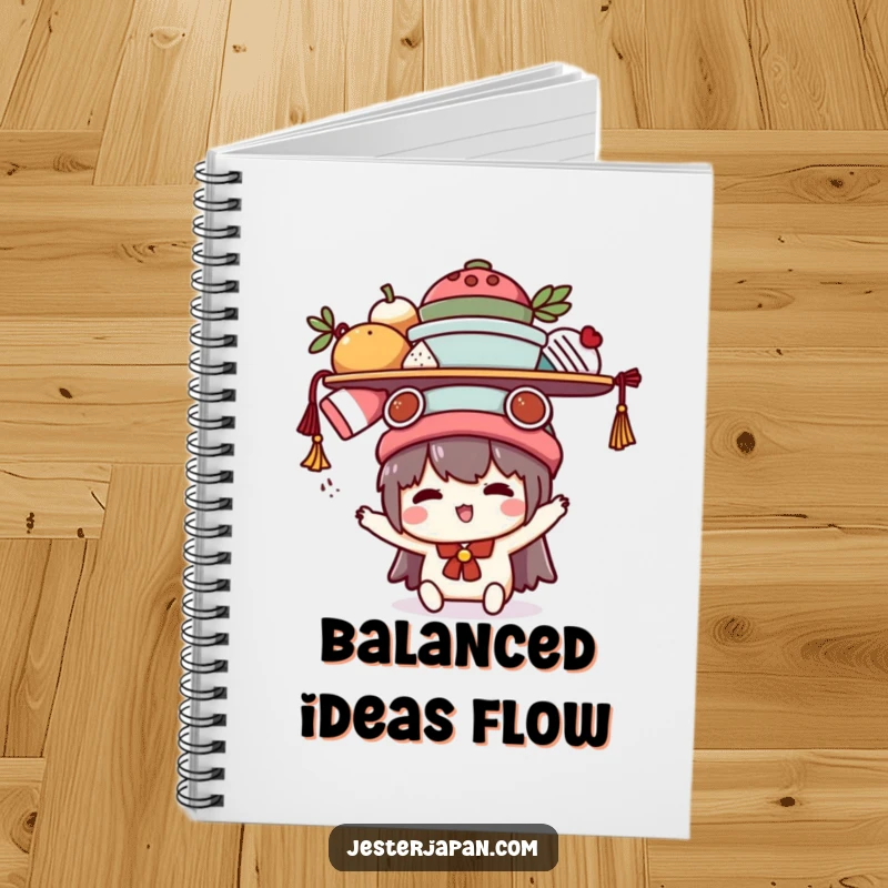 Funny Kawaii notebook with a cute character humorously balancing items, perfect for jotting down ideas with a dose of relatable comedy.