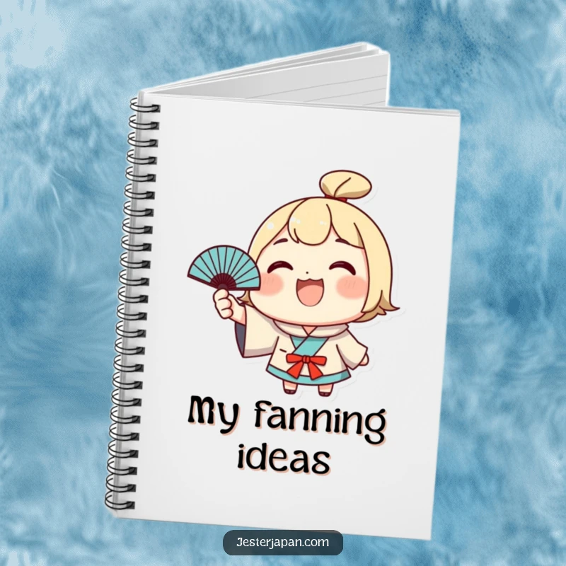 Funny Kawaii Notebook: Grinning character waving a Japanese fan, inspiring cheerful note-taking. Great funny gift.