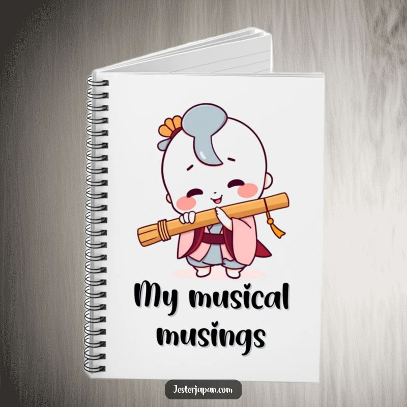 Funny Kawaii notebook with a smiling character playing a Japanese flute, perfect for jotting down musical inspirations.