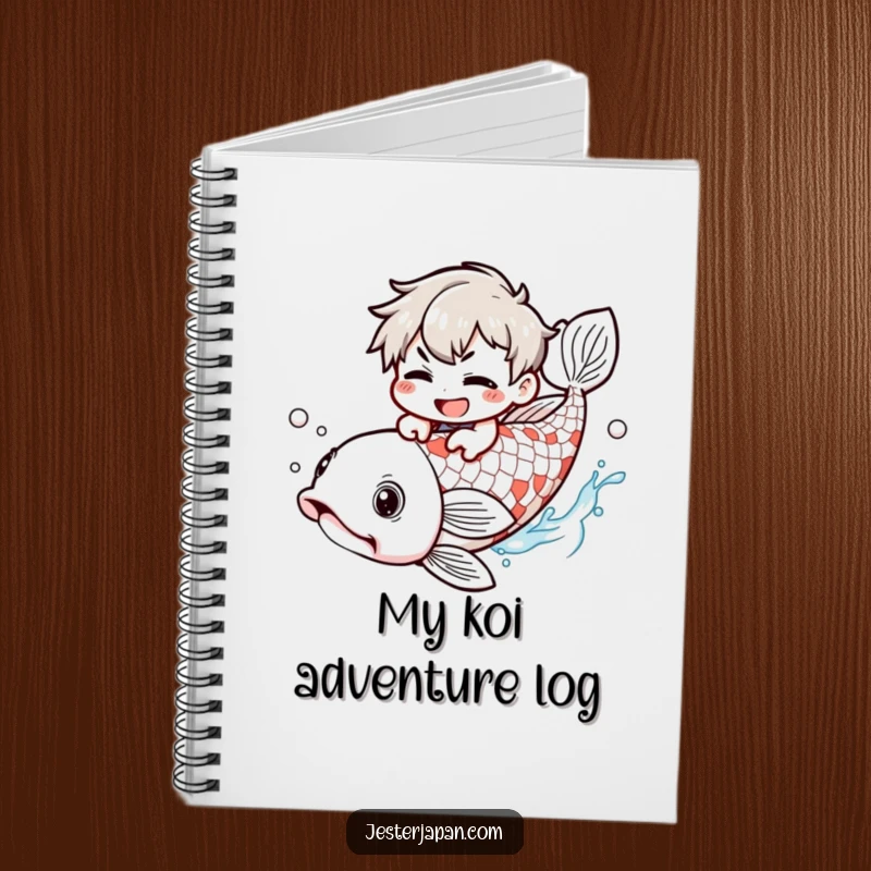 Funny Notebook: Kawaii character with a mischievous grin riding a giant koi fish, ideal for jotting down creative ideas.