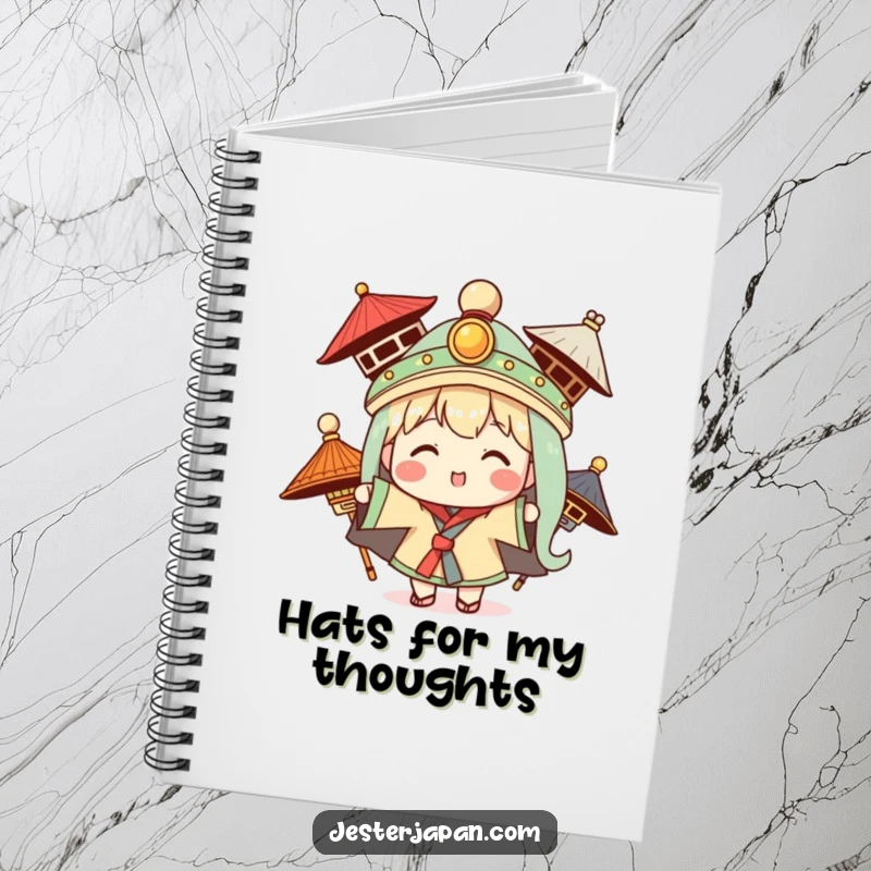 Funny notebook with a Kawaii character trying on traditional hats, perfect for style notes and planning.