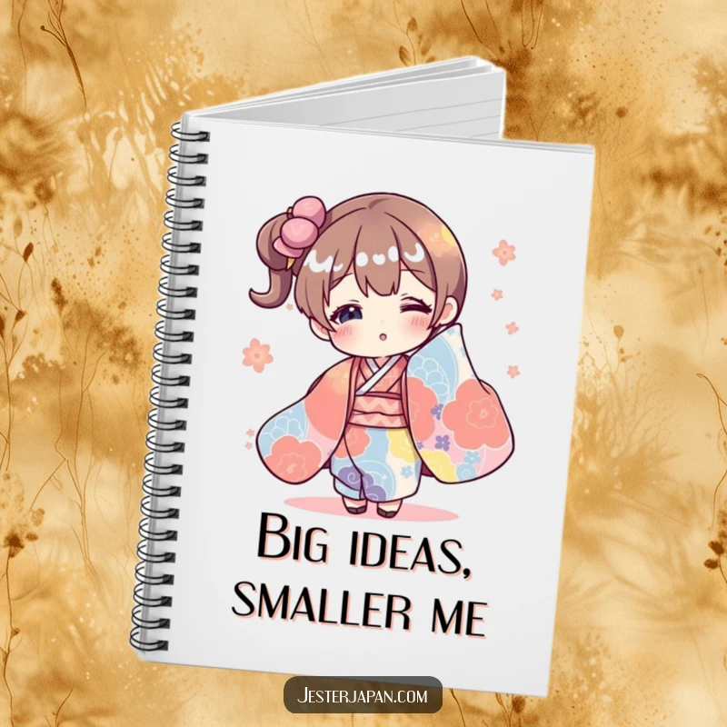 Funny notebook with a character comically styled in an oversized kimono, ideal for journaling creative and humorous thoughts.