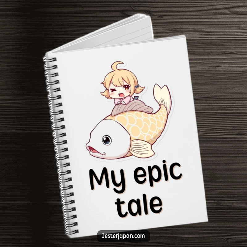 Funny notebook with a winking character riding a giant koi fish, perfect for journaling creative adventures.