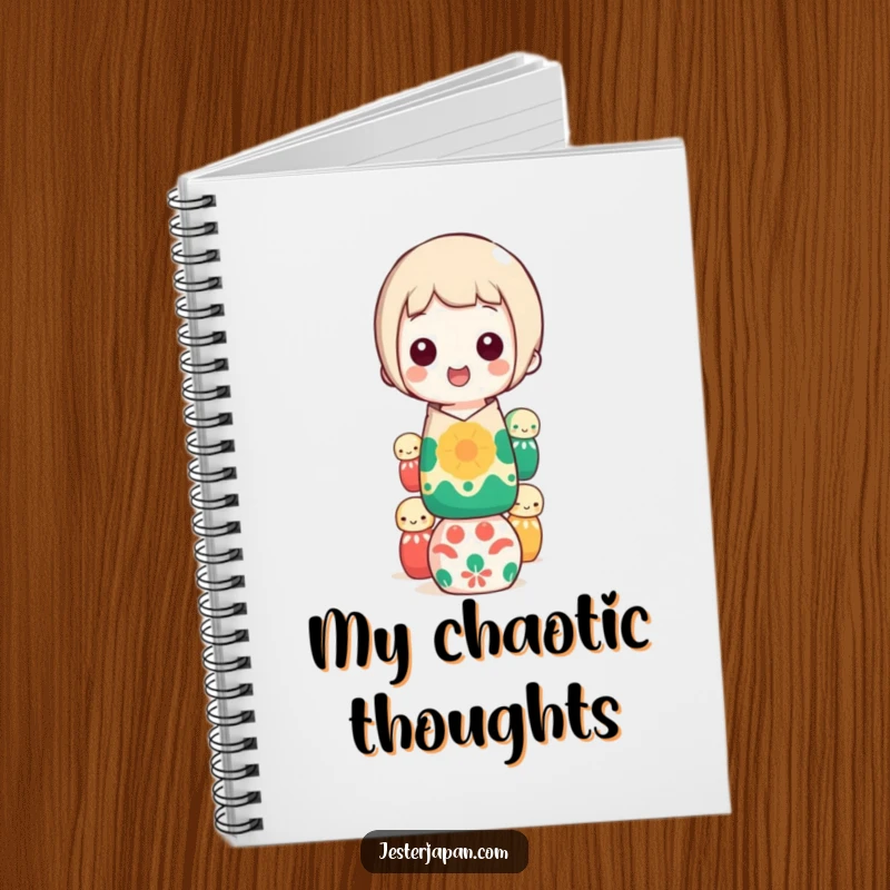 Funny kokeshi doll balancing notebook, featuring a happy character stacking colorful dolls, great for notes and a funny gift.