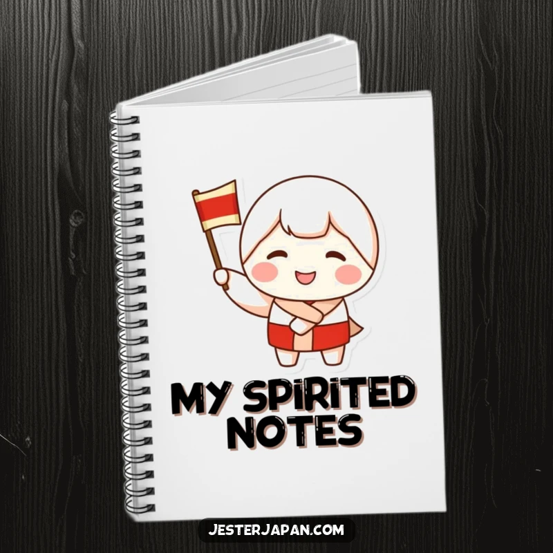 Funny notebook with a smiling Kokeshi doll character waving a flag, perfect for journaling, planning, or note-taking with a cheerful touch.