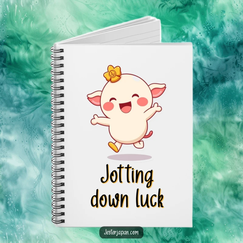 Funny notebook featuring a giggling lucky charm character hopping playfully with a wide smile, inspiring creativity and luck.