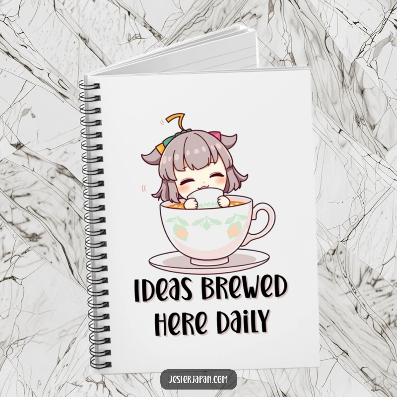 Funny notebook cover featuring a cartoon character energetically drinking a large cup of tea, suitable for journaling, sketching, and note-taking.