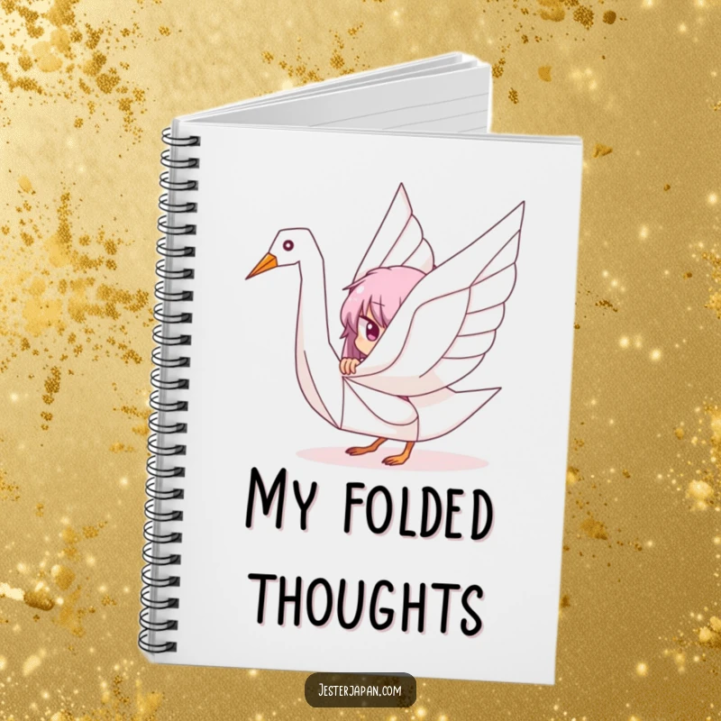 Funny notebook cover with a character playfully peeking from behind a stylized origami crane, encouraging creative and artistic expression.