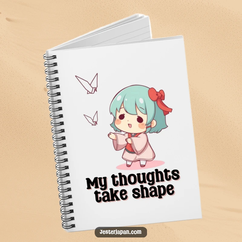 Funny notebook depicting a character playfully tossing a miniature origami crane, ideal for jotting down craft ideas.