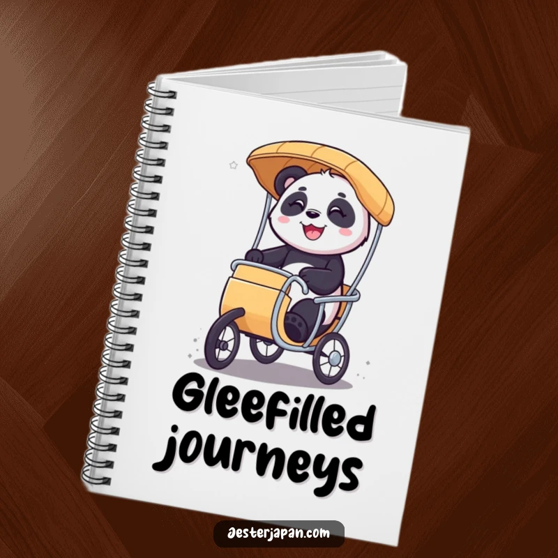 Funny Panda rickshaw notebook featuring a smiling character riding a miniature rickshaw with glee, perfect for jotting down notes and ideas.