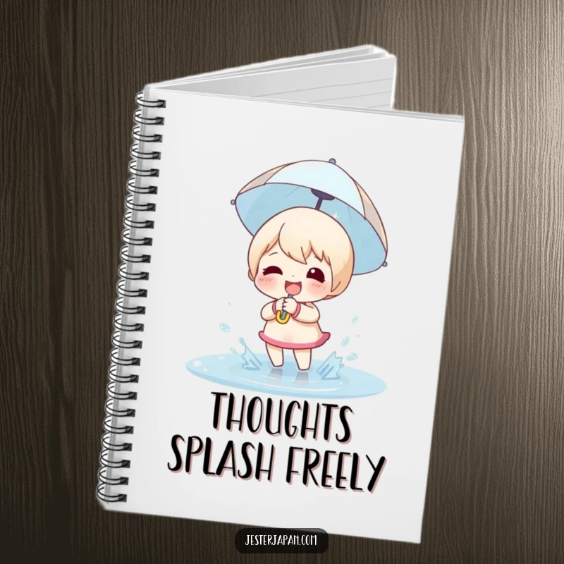Funny Notebook: Character with a tiny umbrella, joyfully splashing in a puddle, smiling.