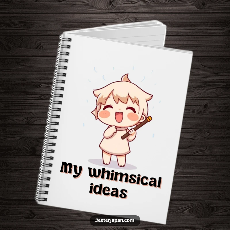 Funny notebook cover with a character excitedly shaking a rain stick, producing a whimsical shower of beads, inspiring peace and creativity.